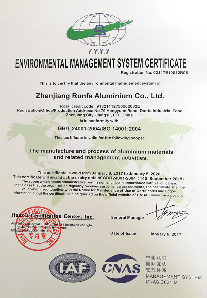 Certificado de aluminio Runfa