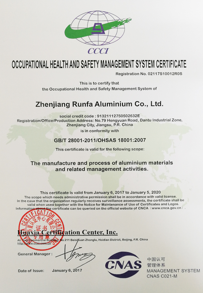 Certificado de aluminio Runfa